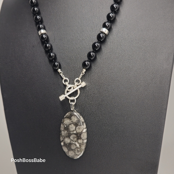 Handmade Black Glass Bead Necklace with Zebra Jasper Pendant - Picture 5 of 10